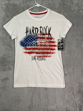 NWT New Hard Rock Las Vegas Sequins USA Flag White SS Shirt Womens Size Small